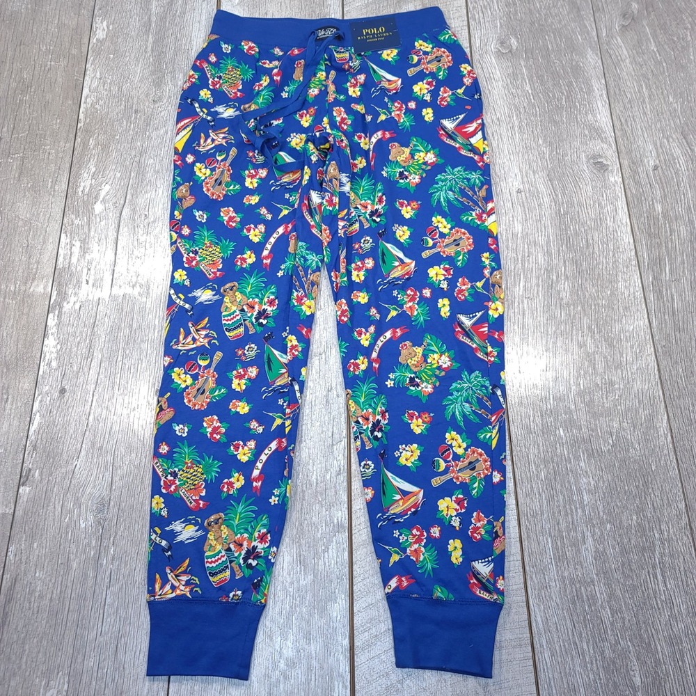 Polo Ralph Lauren Jogger Pant Mens Medium Blue Tropical Bear Print Sleepwear